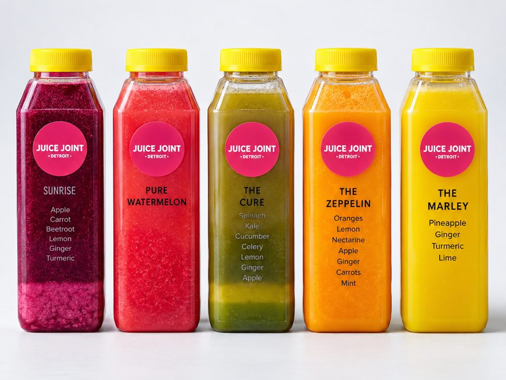 Juice Joint Detroit cold-pressed juices: Sunrise, Pure Watermelon, The Cure, The Zeppelin, and The Marley