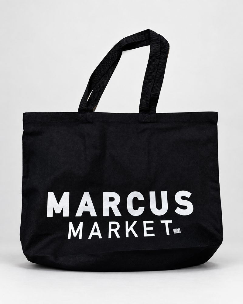 Black Marcus Market tote bag with white logo lettering